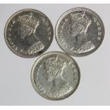 Hong Kong (3) silver 10-Cents: 1876H AU, 1894 EF, and 1897 EF