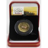 Alderney Fifty Pence 2019 "D-Day" gold proof Piedfort. FDC boxed as issued
