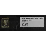 GB - 1840 Penny Black Plate 2 (A-B) three margins, faults, fair used, cat £375