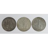British Empire Trade Dollars (3) 2x 1911 B, GVF-nEF, one with a couple of dents near the rim, and