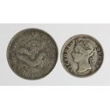 China, Kiang-Nan Province silver 10-Cents 1901 aVF, along with Hong Kong 5 Cents 1891 GF