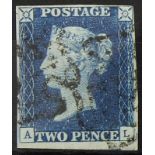 GB - 1840 Two Penny Blue Plate 1 (A-L) Var.j. (double letter) four margins, no faults, fine used,