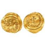 Byzantine gold tremissis of Maurice Tiberius, 582-602 AD, Constantinople. 1.40g. Off-centre aVF with