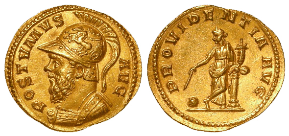 Becker Forgery of an Emperor Posthumus gold aureus, Providentia type, 19thC, 6.92g, Becker dies