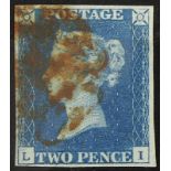 GB - 1840 Two Penny Blue Plate 1 (L-I) four margins, no faults, fine used, cat £975