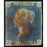 GB - 1840 Two Penny Pale Blue Plate 1 (I-G) four margins, no thins or creases, very good used,