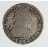 Spanish Bolivia silver 2 Reales 1774 PTS JR, toned GF