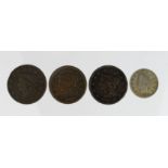 USA (4): Nickel 5 Cents 1905 VF; Large Cents: 1827 VG, 1841 Fine, edge knocks, and 1845 GVF