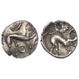 Ancient British Iron Age Celtic silver unit of the Corieltauvi, Boar & Horse type II, mid to late 1c