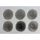 GB Britannia 1oz silver £2 Crowns (6) 2000 x5, and 2006, frosted UNC (lightly toned) in capsules.