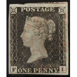 GB - 1840 Penny Black Plate 2 (F-I) four good to large margins, no thins or creases, fine used,