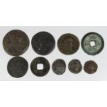 Ancient Coins (9) bronze Roman, Ptolemaic Egypt and Chinese, mixed grade, with some old tickets.