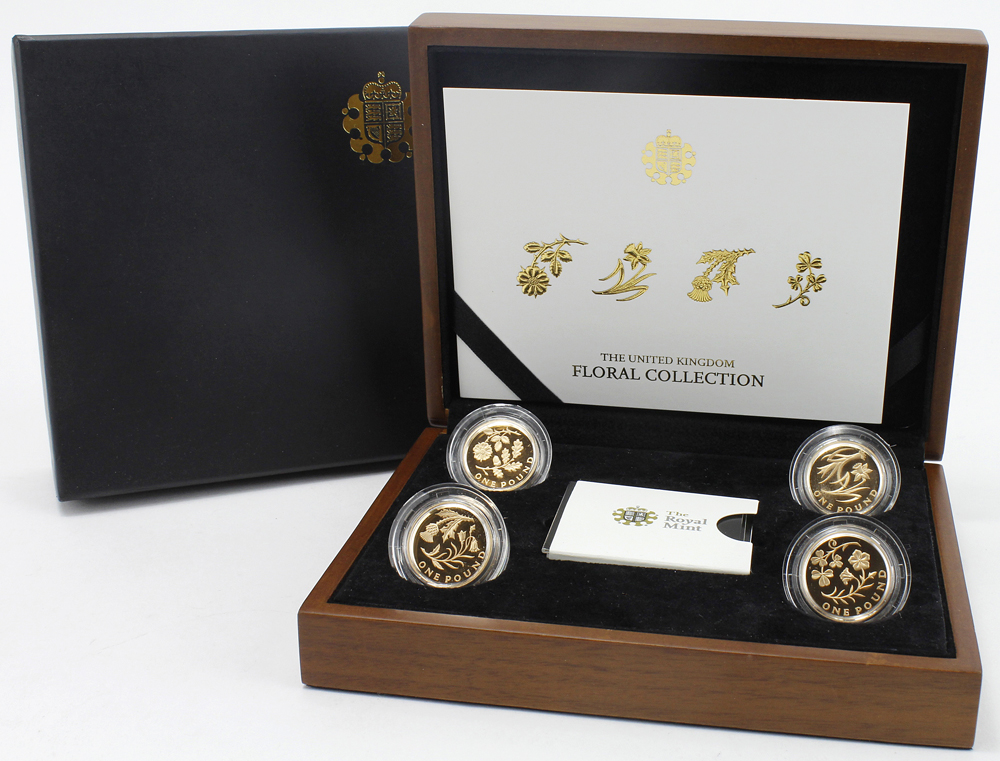 One Pound four coin gold proof set 2013/2014 "Floral Set". FDC boxed as issued with certificates
