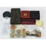 Coins, tokens, medals, boxes etc, an assortment, noted a couple of maundy set cases, a Charles I
