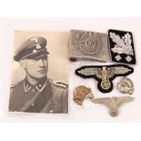 German SS cloth sleeve eagle, SS belt buckle, collar tab, SS hat badge and deaths head with a SS