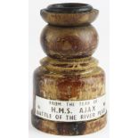 HMS Ajax small candlestick made from teak from the ship. Unusual souvenir which has a metal plate