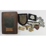 German badges, buttons, SS items, Krim Shield, etc in small cigar box. (Qty)