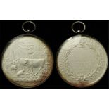 British Agricultural Medal, unmarked frosted/matte silver in glazed capsule with silver collar d.