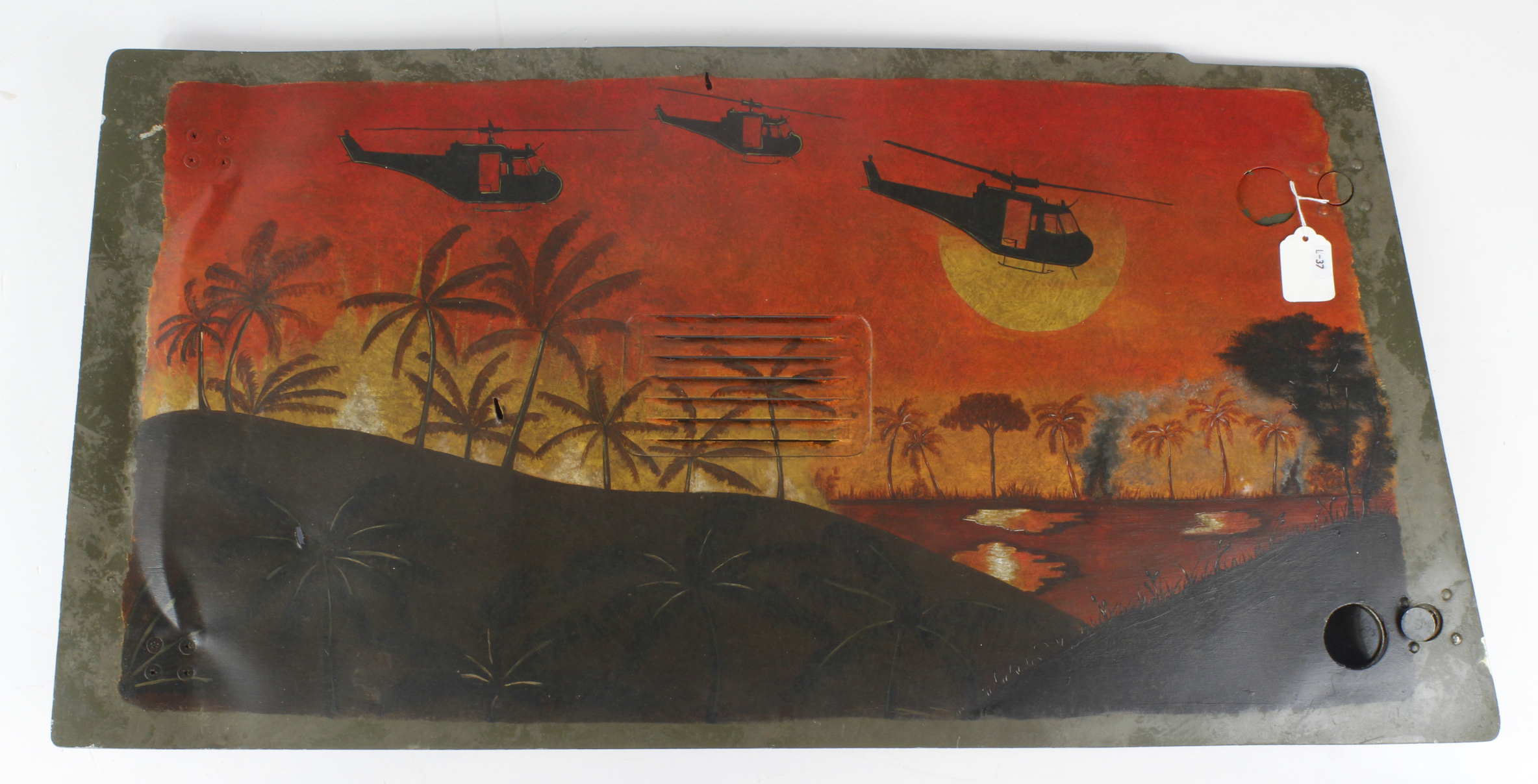 Vietnam War Era Bell Huey Helicopter Panel with post War memorial painting.