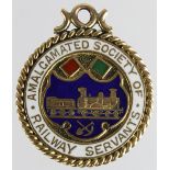 Railway related - Amalgamated Society of Railway Servants 9ct. gold & enamel medal "Presented to J.