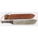 WW1 machete in its 1917 dated brown leather scabbard.