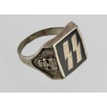 German SS Finger ring, silver (untested) & black enamel, various markings inc G&S