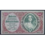 Austria 5000 Kronen dated 2 January 1922, serial No. 1056 80073 (TBB B115a, Pick79) some light dents