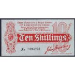 Bradbury 10 Shillings ( T9) issued 1914, Royal Cypher watermark, serial A/2 894701, No. with dash (