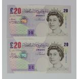 Bailey 20 Pounds (B403) issued 2004 (2), a consecutively numbered pair of REPLACEMENT notes 'LL'