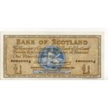 Scotland, Bank of Scotland 1 Pound dated 16th November 1961, a FIRST RUN Very LOW serial number