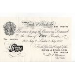 Beale 5 Pounds (B270) dated 2nd July 1952, serial Y22 062783, a consecutively numbered note to the