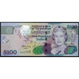 Bahamas 100 Dollars dated 2009, Queen Elizabeth II portrait at right, signed W. Craigg, serial