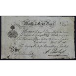 Weald of Kent Bank Cranbrook 5 Pounds dated 20th April 1813, No. 1498 for Argles Bishop, Brenchley &