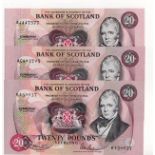 Scotland, Bank of Scotland 20 Pounds (3) dated 1st July 1991, 3rd February 1992 and 12th January