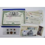 Share Certificates, Cheques, Advertising/Test notes, Premium Bonds (80) plus a few US coins, an