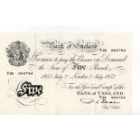 Beale 5 Pounds (B270) dated 2nd July 1952, serial Y22 062784, a consecutively numbered note to the