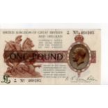 Warren Fisher 1 Pound (T24) issued 1919, rarer FIRST SERIES 'K' prefix, serial K/90 460105, original
