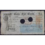 Bath Old Bank 5 Pounds dated 1841, serial No. 15523 for Hobhouse, Phillott & Louder (Outing86d)
