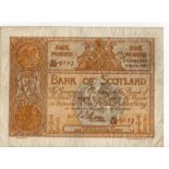 Scotland, Bank of Scotland 1 Pound dated 11th October 1921, large 'square' note with scarce early