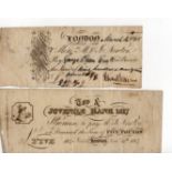 Toy and Juvenile Bank 5 Pounds dated 1817 and a cheque for 999 Pounds 9 Shilling and 9 Pence, scarce