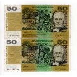 Australia 50 Dollars (2) issued 1994, signed Fraser & Evans, serial WRR 950746 & WVT 464796 (TBB