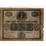 Scotland Lost Banks/Private Issues, City of Glasgow Bank 1 Pound dated 11th November 1872 serial