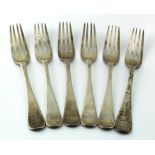 Six silver forks, hallmarked 'S.H.D.C., London 1843', crest to handle of each, length 20.5cm, weight