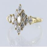 14ct yellow gold ring set with eleven marquise cz in a kite design, finger size Q, weight 3.3g