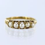 Stamped 18ct yellow gold Victorian five stone half pearl ring in a claw setting, finger size O,