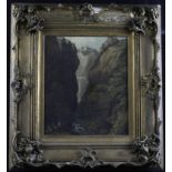 Greek School. 19th century. Oil on board depiciting a group of bandits at the foot of a waterfall.