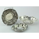 Three silver Bon-Bon dishes. Two hallmarked Birmingham, 1900 &Birmingham 1904 and the other marked