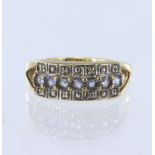 9ct yellow gold three row half eternity ring set with a central row of seven round pale