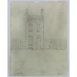 Attributed to L S Lowry (Unverified) Pen/ink line drawing of a small house on a street, flanked by