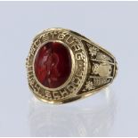 10ct yellow gold college ring set with red cabochon stone, Rustburgh Hig School 1961, finger size